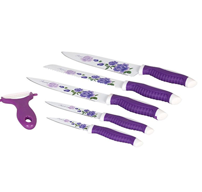 cosmosgalaxy i3387-b kitchen stainless steel ceramic coated knives with peeler, set of 6, purple