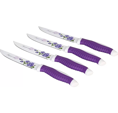 cosmosgalaxy i3389-b printed stainless steel ceramic coated utility knives, set of 4, purple