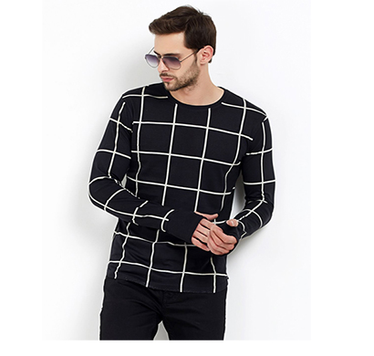 fashnet (fi00019) check cotton round neck slim fit full sleeve men's knitted t-shirt (black)