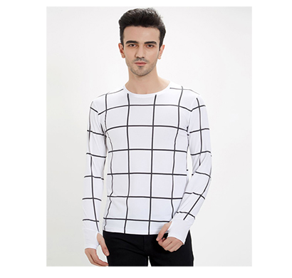 fashnet (fi00020) white check cotton round neck slim fit full sleeve men's knitted t-shirt (white)