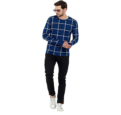 fashnet (fi00022) check cotton round neck slim fit full sleeve men's knitted t-shirt (navy blue)