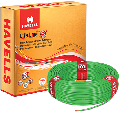 havells - heat-90-green2x5, life line plus s3 hrfr cables 2.5 sqmm heat cable, 90 mtr, green, 1 year warranty