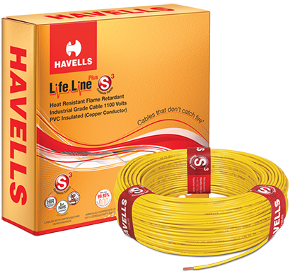 havells- heat-90-yellow1x5, life line plus s3 hrfr cables 1.5 sqmm heat cables, 90 mtr, yellow, 1 year warranty