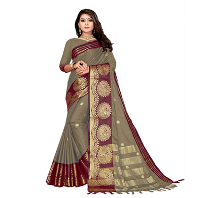 jeaqurd designer silk finish saree soft aura cotton silk with attached running blouse saree for women (grey)