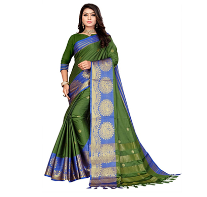 jeaqurd designer silk finish saree soft aura cotton silk with attached running blouse saree for women (green)