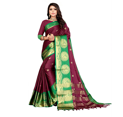 jeaqurd designer silk finish saree soft aura cotton silk with attached running blouse saree for women (maroon colour)