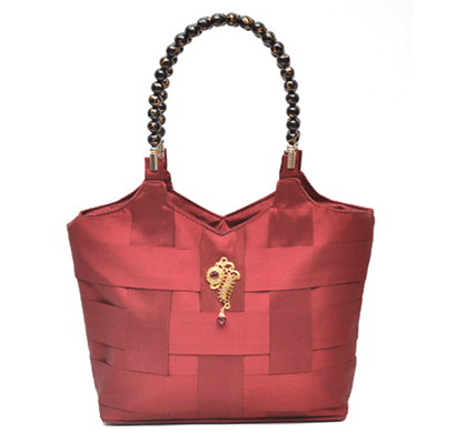 nehas nhsb-001 bags embroidered ladies silk hand bag bead handle maroon