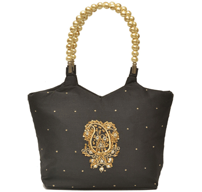 nehas nhsb-002 bags embroidered ladies silk hand bag bead handle black