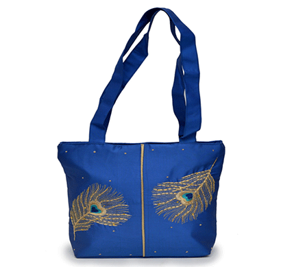 nehas nhss - 067 bags embroidered ladies silk hand bag strap handle (blue)