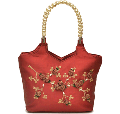 nehas nhsb-005 bags embroidered ladies silk hand bag bead handle maroon