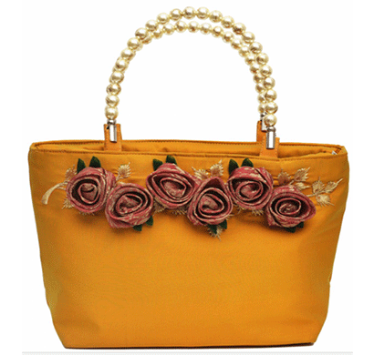 nehas nhsb-009 bags embroidered ladies silk hand bag bead handle mango yellow