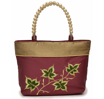 nehas nhsb-033 bags embroidered ladies silk hand bag bead handle (gold and maroon)