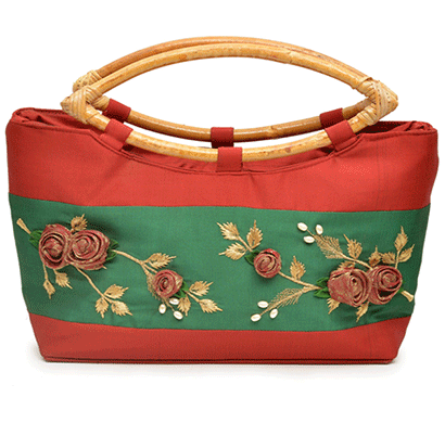 nehas nhsc-013 bags embroidered ladies silk hand bag cane handle (red & green)