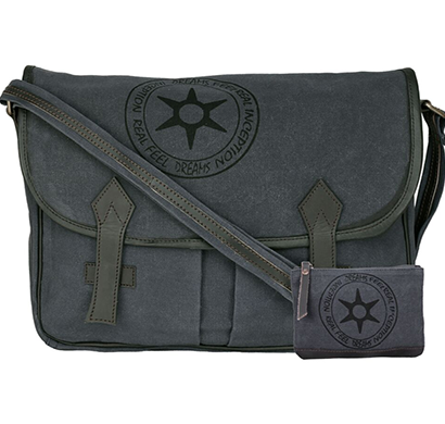 neudis - laptop2peace, genuine leather & recycled stone washed canvas spacious laptop messanger bag - peace begins with smile - blue