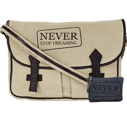 neudis - laptop2dreaming, genuine leather & recycled stone washed canvas spacious laptop messanger bag - never stop dreaming - beige