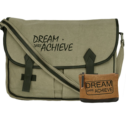 neudis - laptop2achieve, genuine leather & recycled stone washed canvas spacious laptop messanger bag - dream dare achieve - green