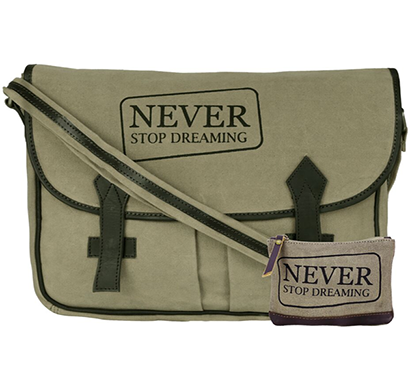 neudis - laptop2dreaming, genuine leather & recycled stone washed canvas spacious laptop messanger bag - never stop dreaming - green