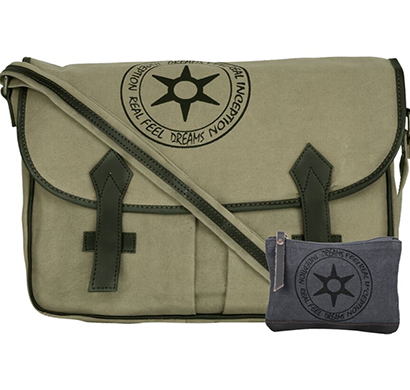 neudis -laptop2peace, genuine leather & recycled stone washed canvas spacious laptop messanger bag - peace begins with smile - green