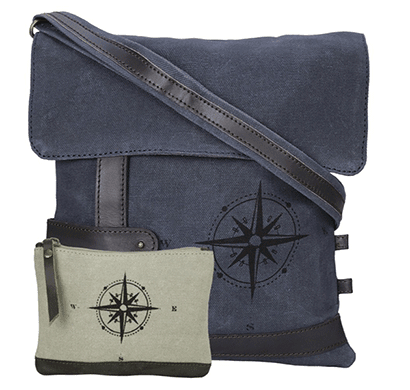 neudis genuine leather & recycled stone washed canvas travel sling / cross body bag for ipad & tablet - compass - blue
