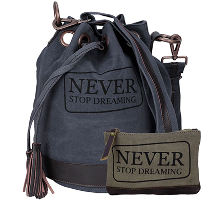 neudis - bucketdreaming, genuine leather & recycled stone washed canvas casual tassel bucket bag - never stop dreaming - blue