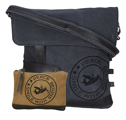 neudis genuine leather & recycled stone washed canvas travel sling / cross body bag for ipad & tablet - peace begins with smile - blue
