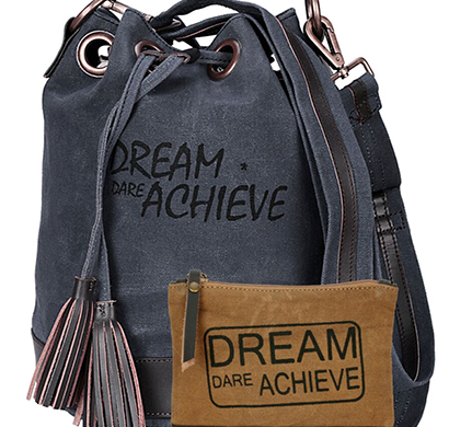 neudis - bucketachieve, genuine leather & recycled stone washed canvas casual tassel bucket bag - dream dare achieve - blue
