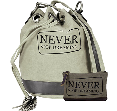 neudis - bucketdreaming, genuine leather & recycled stone washed canvas casual tassel bucket bag - never stop dreaming - beige