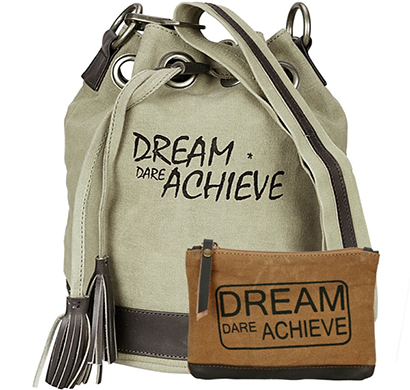 neudis - bucketachieve, genuine leather & recycled stone washed canvas casual tassel bucket bag - dream dare achieve - beige