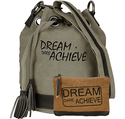 neudis - bucketachieve, genuine leather & recycled stone washed canvas casual tassel bucket bag - dream dare achieve - green