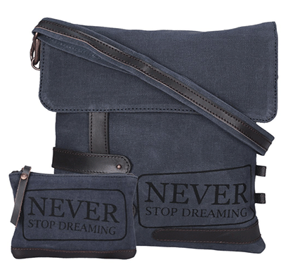 neudis genuine leather & recycled stone washed canvas travel sling / cross body bag for ipad & tablet - never stop dreaming - blue