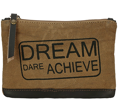 neudis - pouchachieve, genuine leather & recycled stone washed canvas utility pouch - dream dare achieve - brown