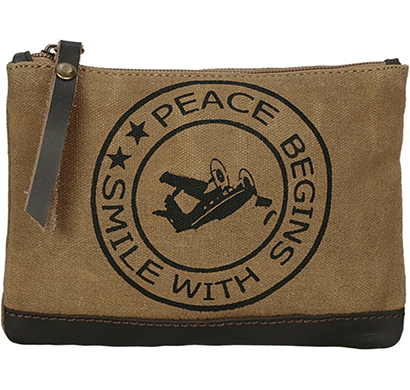 neudis - pouchpeace, genuine leather & recycled stone washed canvas utility pouch - peace begins with smile - brown