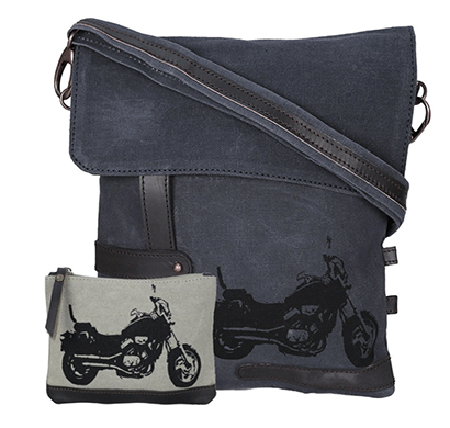 neudis genuine leather & recycled stone washed canvas travel sling / cross body bag for ipad & tablet - bike - blue