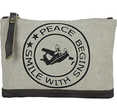 neudis - pouchpeace, genuine leather & recycled stone washed canvas utility pouch - peace begins with smile - beige