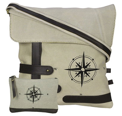 neudis genuine leather & recycled stone washed canvas travel sling / cross body bag for ipad & tablet - compass - beige