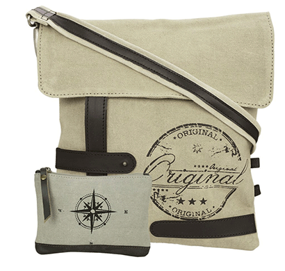 neudis genuine leather & recycled stone washed canvas travel sling / cross body bag for ipad & tablet - original - beige