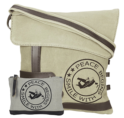 neudis genuine leather & recycled stone washed canvas travel sling / cross body bag for ipad & tablet - peace begins with smile - beige