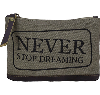 neudis - pouchdreaming, genuine leather & recycled stone washed canvas utility pouch - never stop dreaming - green