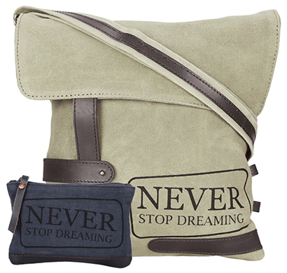 neudis genuine leather & recycled stone washed canvas travel sling / cross body bag for ipad & tablet - never stop dreaming - beige