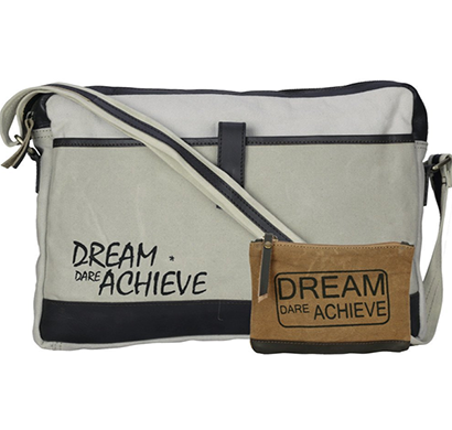 neudis - laptop1achieve, genuine leather & recycled stone washed canvas sleek laptop messanger bag - dream dare achieve - beige