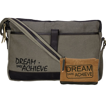 neudis - laptop1achieve, genuine leather & recycled stone washed canvas sleek laptop messanger bag - dream dare achieve - green
