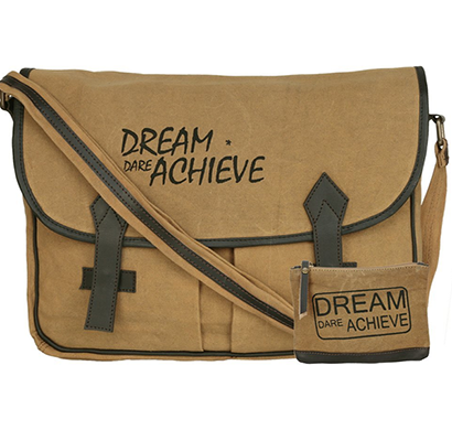 neudis - laptop2achieve, genuine leather & recycled stone washed canvas spacious laptop messanger bag - dream dare achieve - brown