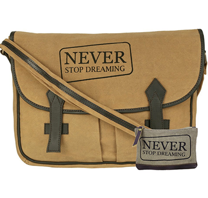 neudis - laptop2dreaming, genuine leather & recycled stone washed canvas spacious laptop messanger bag - never stop dreaming - brown