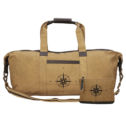 neudis genuine leather & recycled stone washed canvas duffle bag for gym & travel - compass - brown