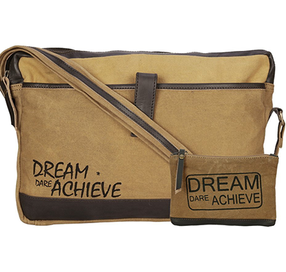 neudis- laptop1achieve, genuine leather & recycled stone washed canvas sleek laptop messanger bag - dream dare achieve - brown
