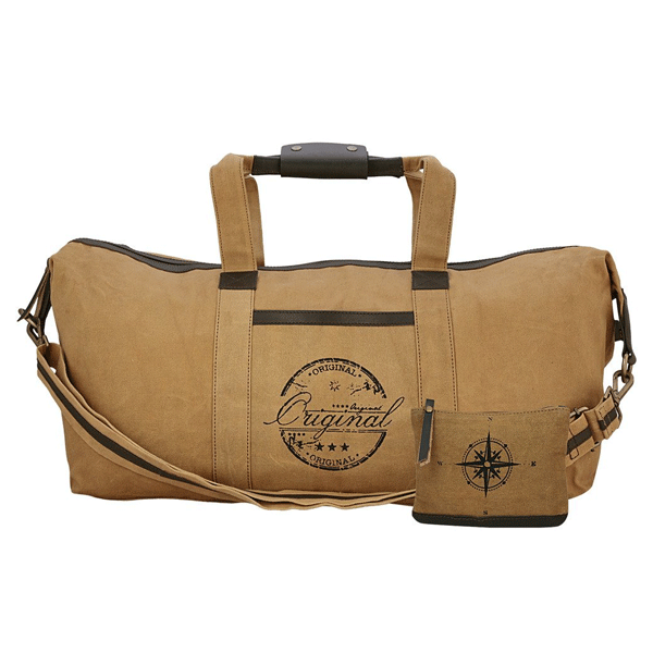 Neudis Genuine Leather Recycled Stone Washed Canvas Duffle Bag For Gym Travel Original Brown