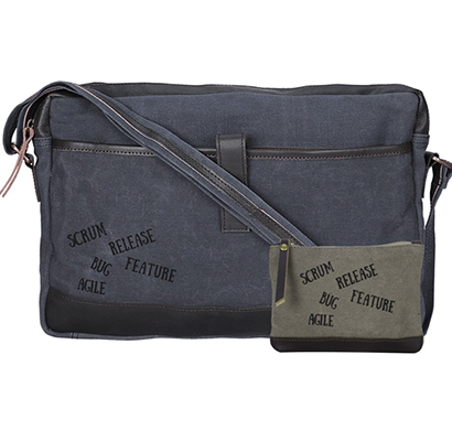 neudis - laptop1agile, genuine leather & recycled stone washed canvas sleek laptop messanger bag - scrum agile - blue
