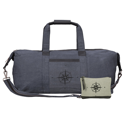 neudis genuine leather & recycled stone washed canvas duffle bag for gym & travel - compass - blue