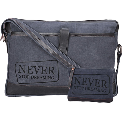 neudis - laptop1dreaming, genuine leather & recycled stone washed canvas sleek laptop messanger bag - never stop dreaming - blue