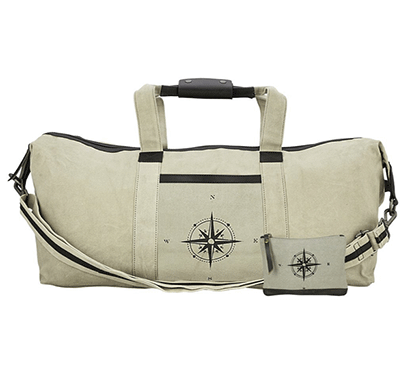neudis genuine leather & recycled stone washed canvas duffle bag for gym & travel - compass - beige